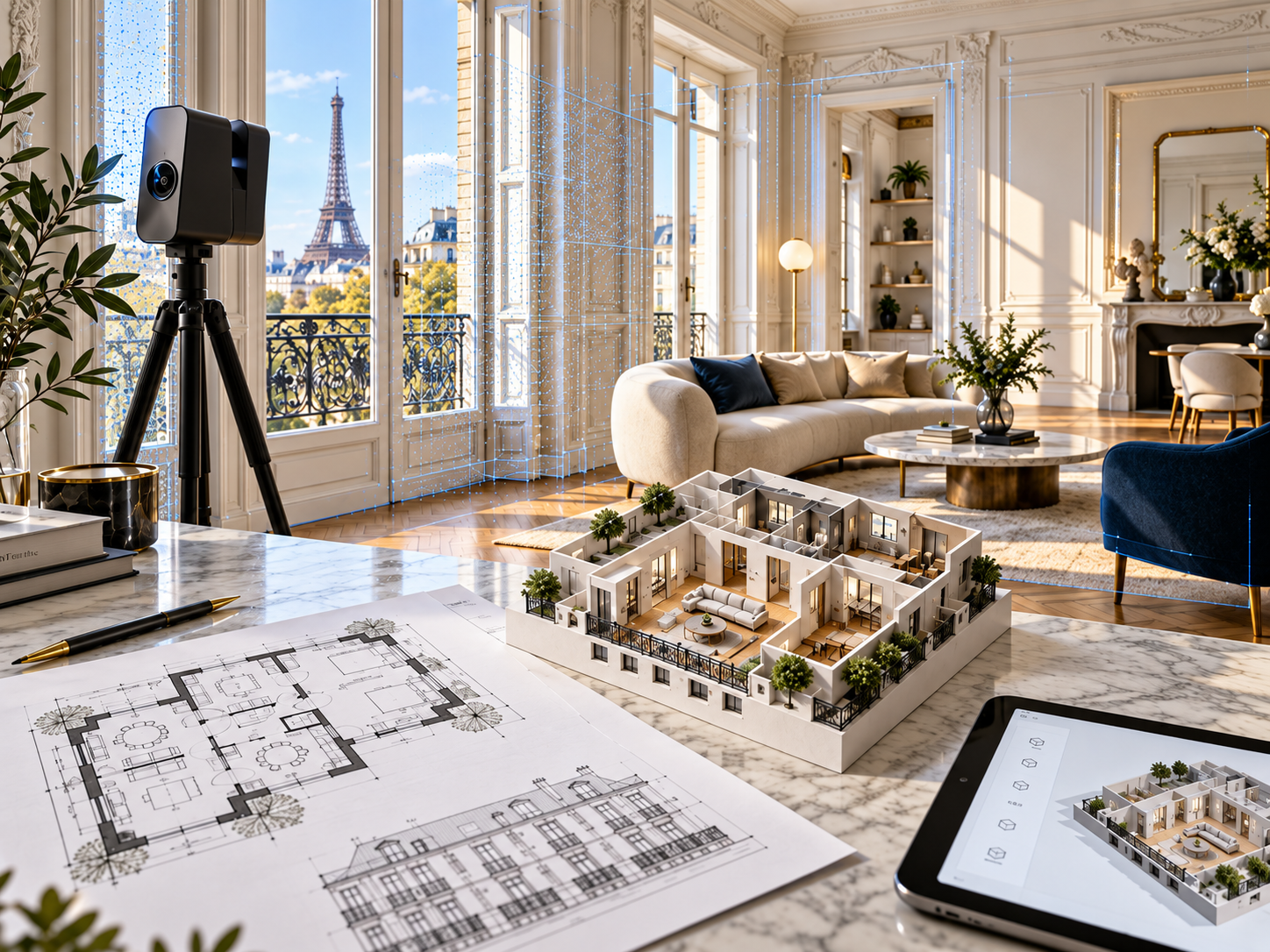 Illustration Capture Immo : scan 3D d’un intérieur parisien, plans et maquette numérique.
