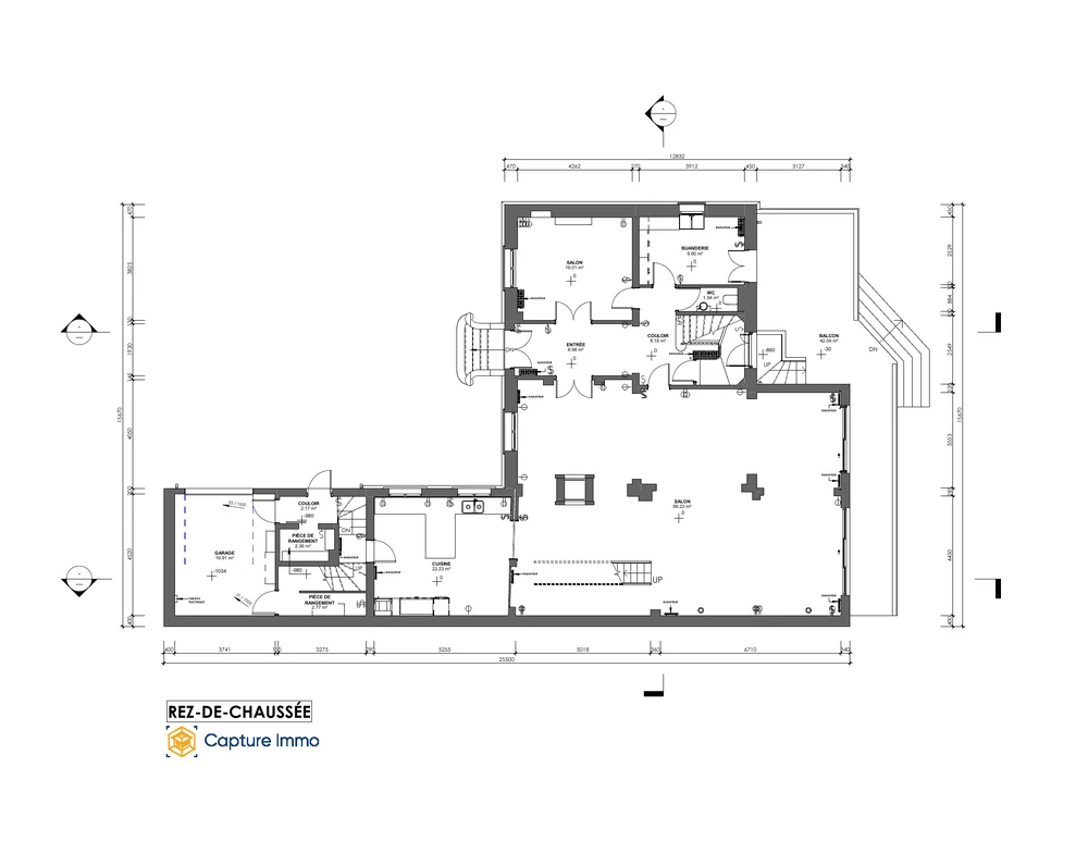 Exemple de plan coté d’un rez-de-chaussée réalisé par Capture Immo.