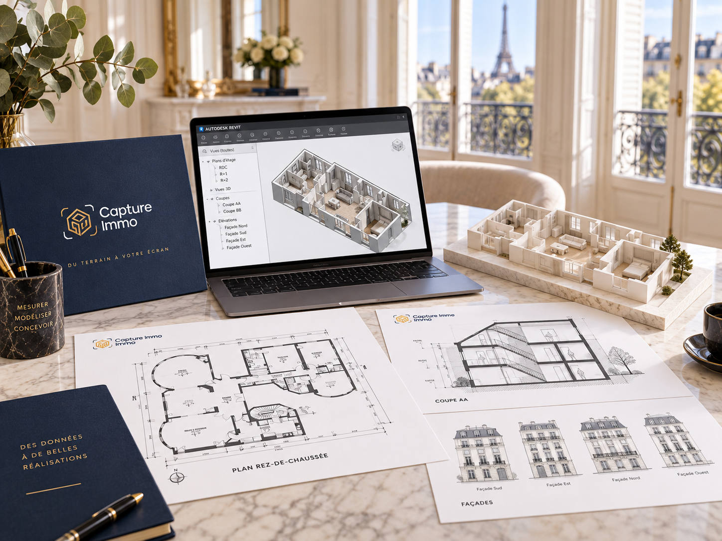 Illustration des livrables Capture Immo : maquette 3D, plans cotés, coupes et façades.