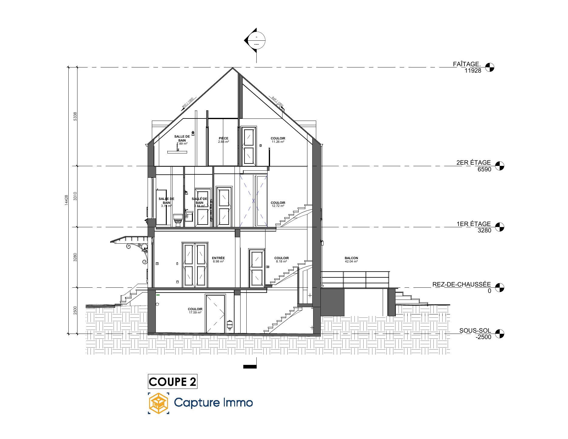 Coupe 2 · hauteurs et circulations — extrait du dossier de cette maison.