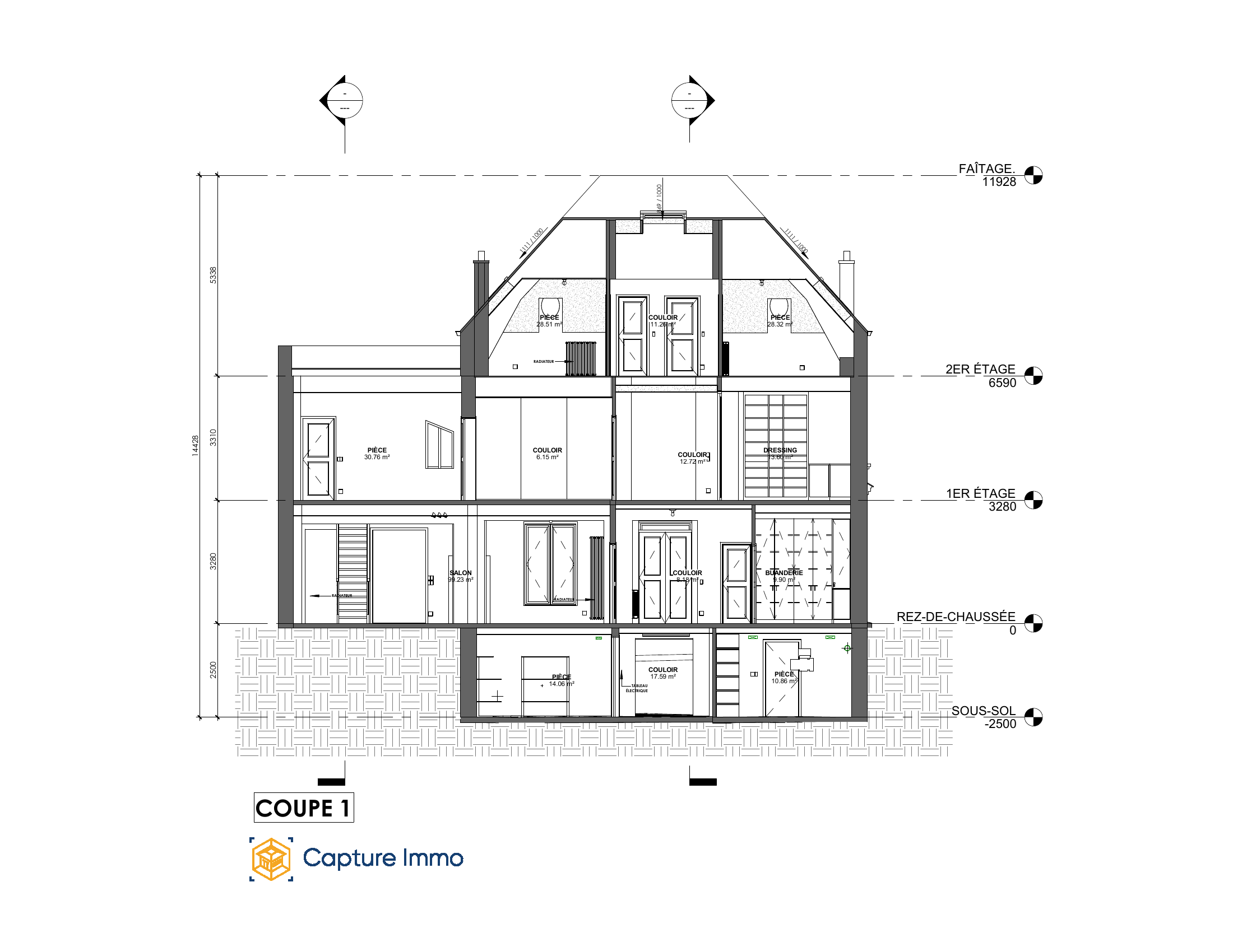 Coupe 1 · les niveaux de la maison — extrait du dossier de cette maison.