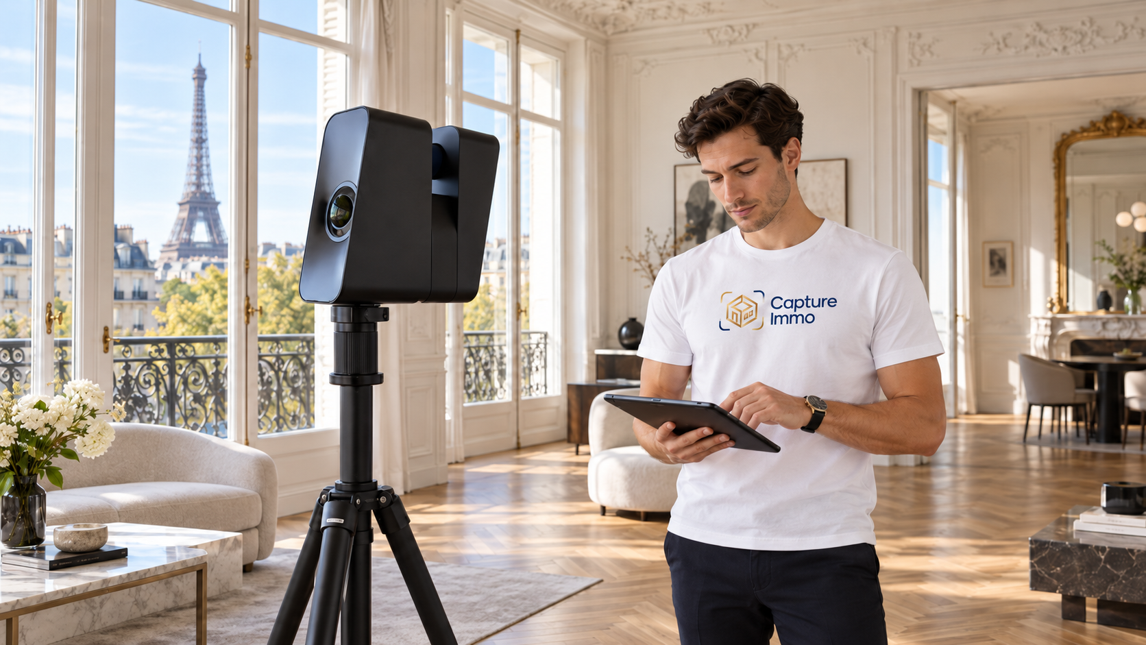 Illustration Capture Immo : opérateur et scanner 3D dans un appartement parisien.