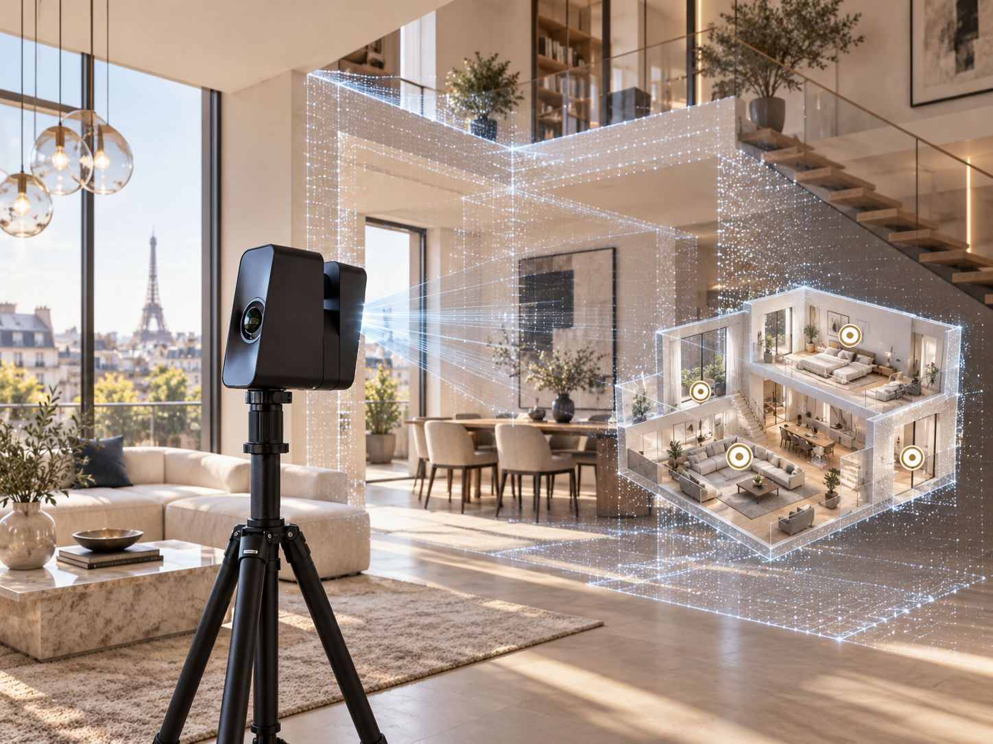 Illustration Capture Immo : un scan 3D révèle les espaces d’une maison et sa visite virtuelle.